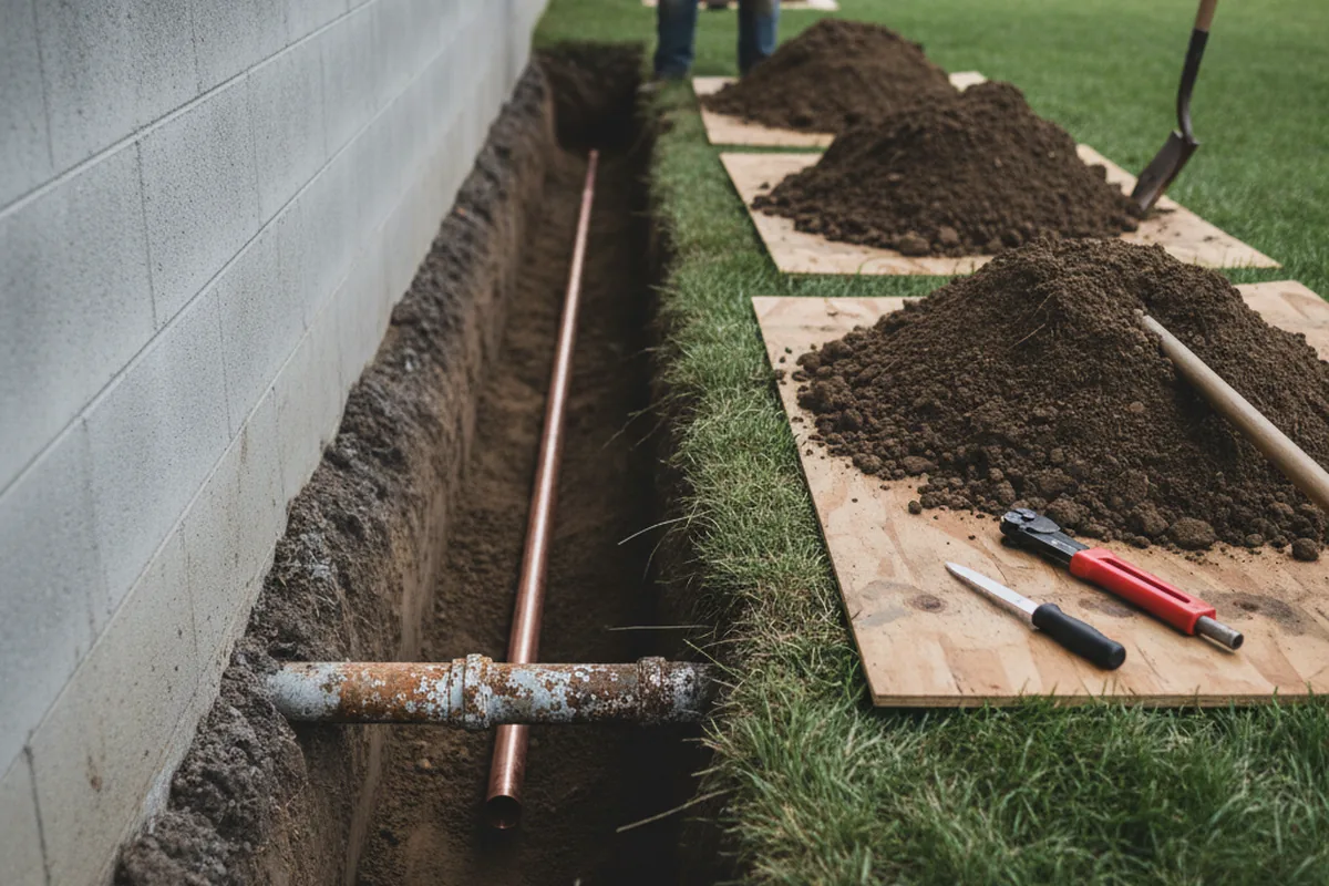 Excavated water line trench during Water Heater Repair in Magnolia